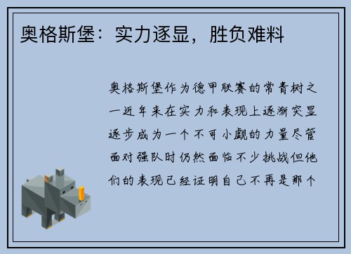 奥格斯堡：实力逐显，胜负难料