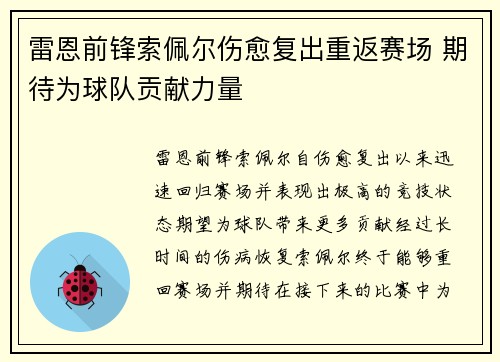 雷恩前锋索佩尔伤愈复出重返赛场 期待为球队贡献力量